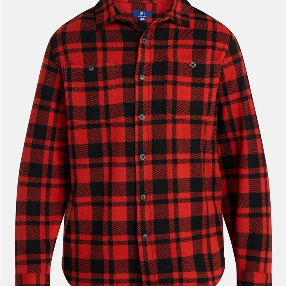 George men’s knit overshirt long sleeve black/red plaid SZ S